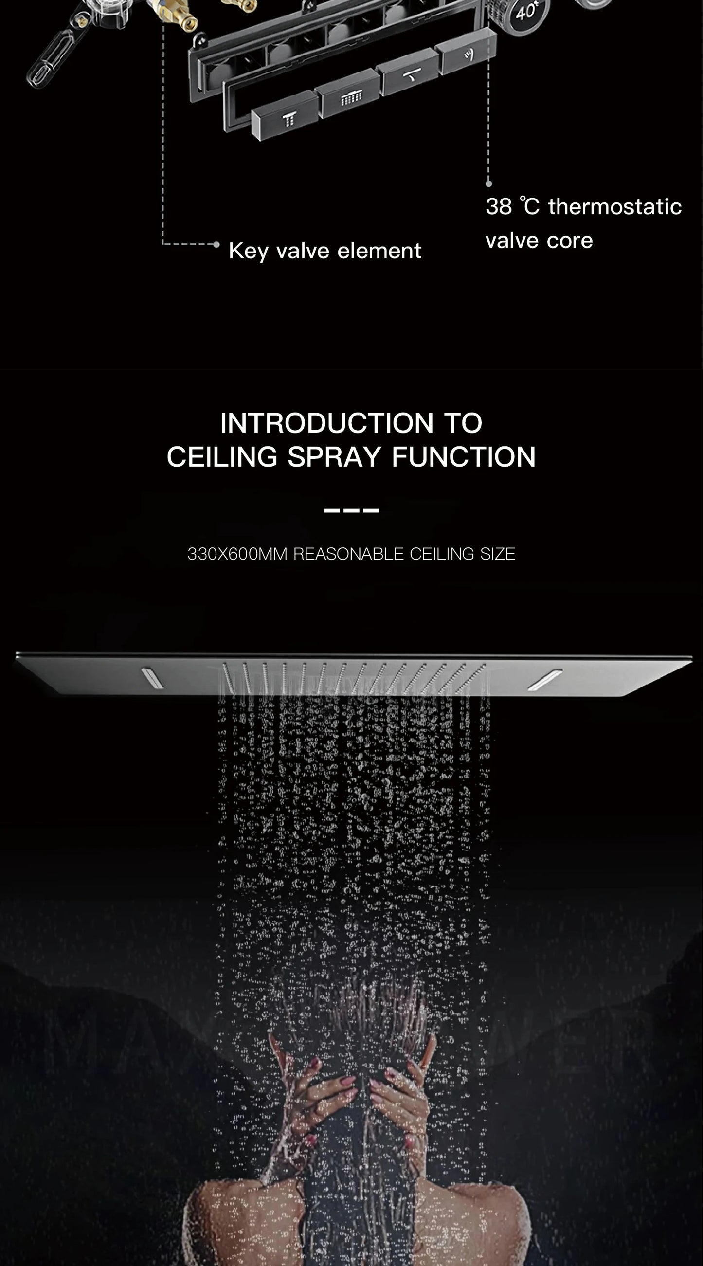 Modern brushed gold brass LED digital ceiling embedded shower system. Thermostatic 4-function waterfall/rain shower bathroom Tap