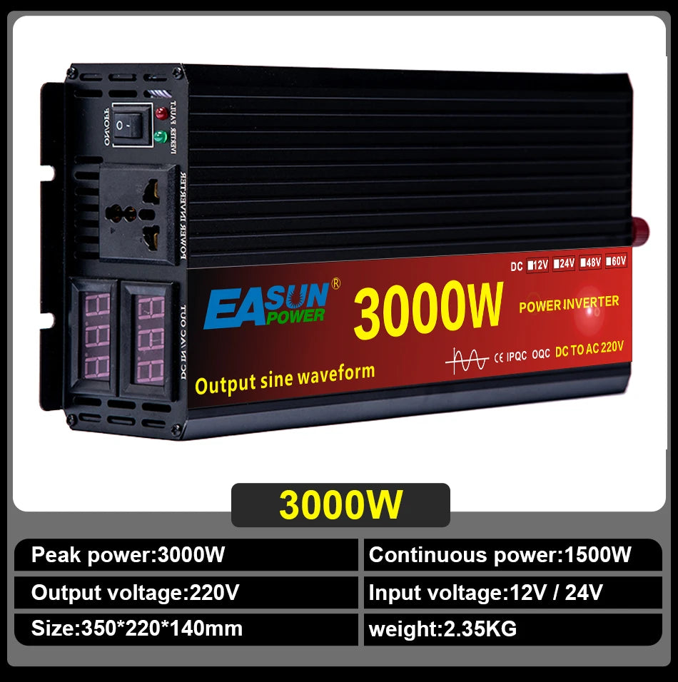 Car Pure Sine Wave Inverter DC 12V 24V To AC 220V 3000W 4000W 5000W Voltage Transformer Power Converter Solar Inverter LCD Dis
