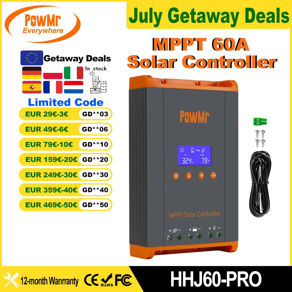 PowMr 60A MPPT Solar Charge Controller 3 Stages Charging for 12V 24V 36V 48V Battery 160VDC Solar Panel Can Parallel 12 Units