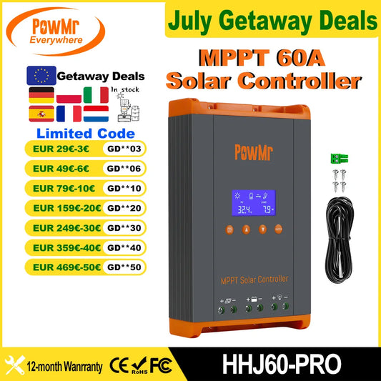 PowMr 60A MPPT Solar Charge Controller 3 Stages Charging for 12V 24V 36V 48V Battery 160VDC Solar Panel Can Parallel 12 Units