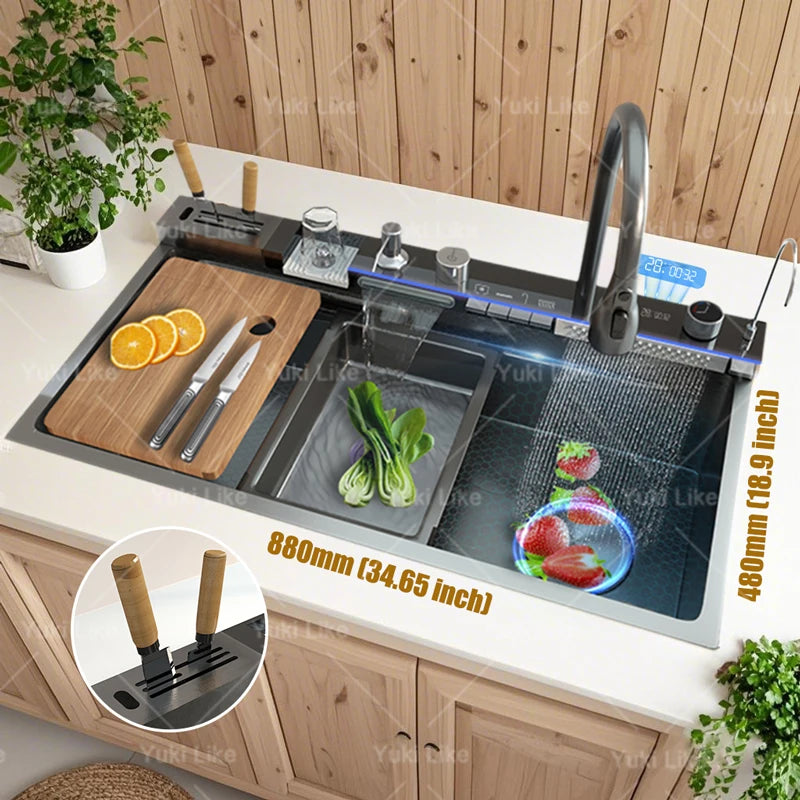 100x50cm Stainless Steel Waterfall Kitchen Sink With Knife Holder Digital Display Faucet Set Embossed Extra Large Single Slot