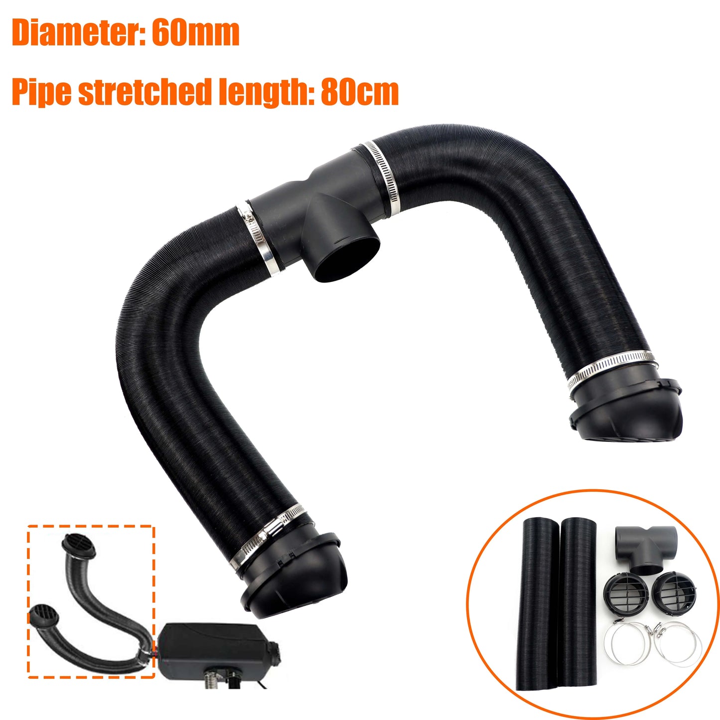 60mm Diesel Heater T 3 Outlets Connector & 2x Air Outlet & 2x Duct Pipe Warm Black & 4x Clamps Set For Car Truck VAN Camper