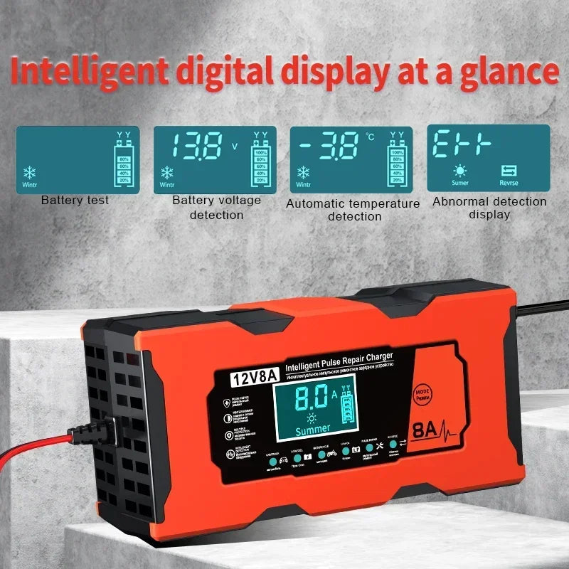 Smart 12V 8A Car Battery Charger Pulse Repair Quick Charge for Auto Moto AGM GEL WET Lead Acid LiFePO4 Battery Charging