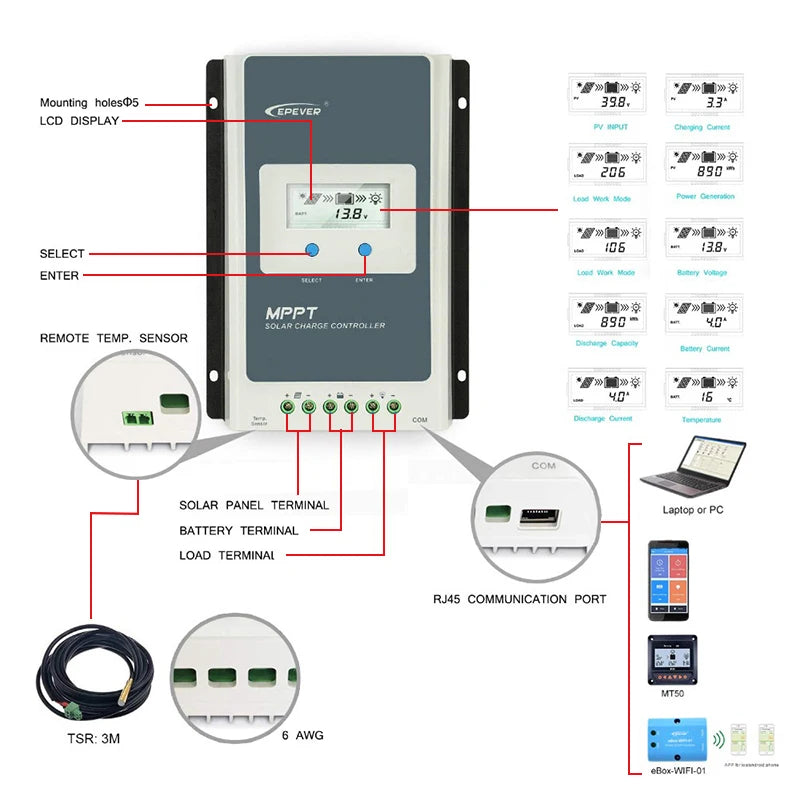 EPEVER Tracer MPPT Solar Charge Controller 10A 40A 30A 20A With LCD Solar Regulator 12V 24V Auto Tracer 2206AN 4210AN 3210AN-G3