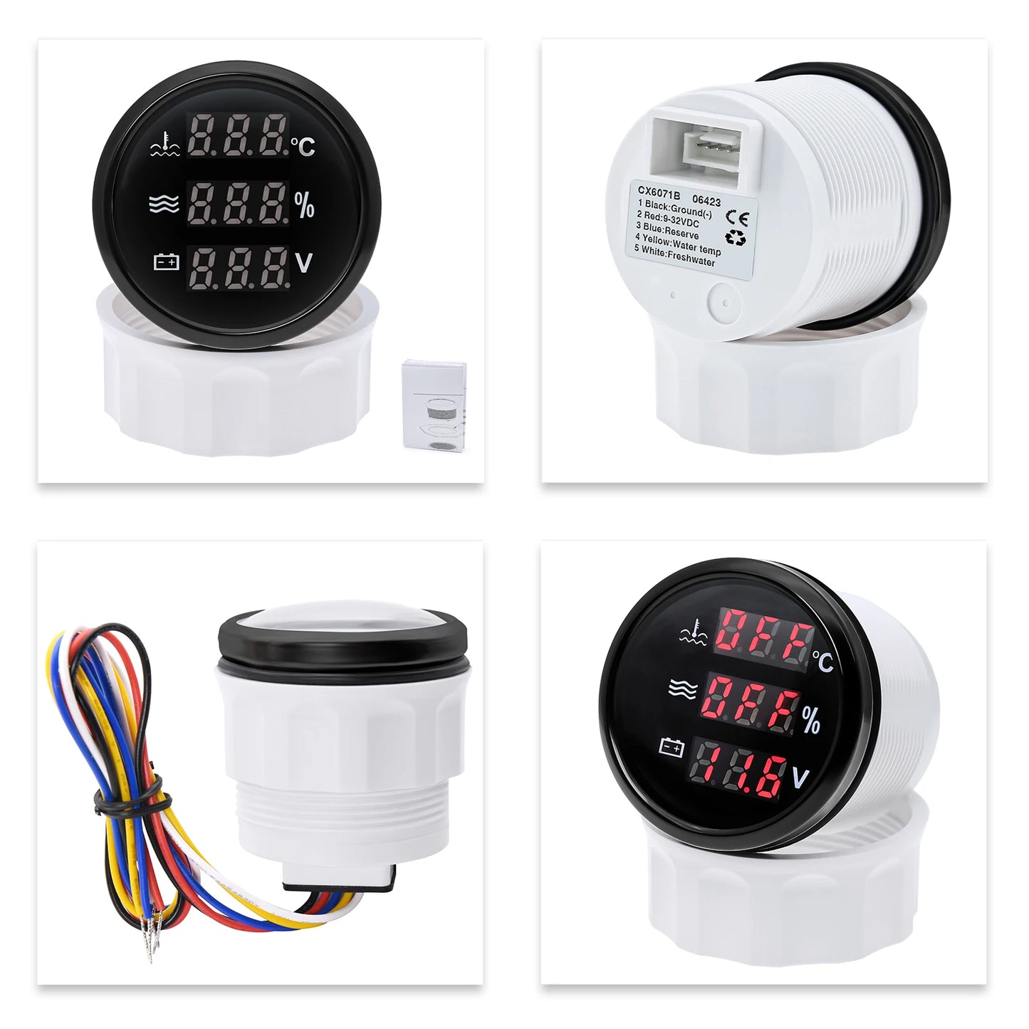 Red Backlight Digital 52mm Gauge Multifunctional Water Temp+Water Level+Voltage with Alarm Sensor for Car Boat Yacht DC12V 24V