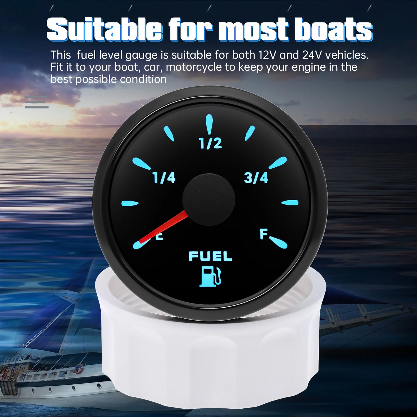 0-190 ohm Fuel Float Sensor + 52mm Fuel Level Gauge 7 Color Light Waterproof IP67 Oil Tank Meter Indicator Car Yacht 12V 24V