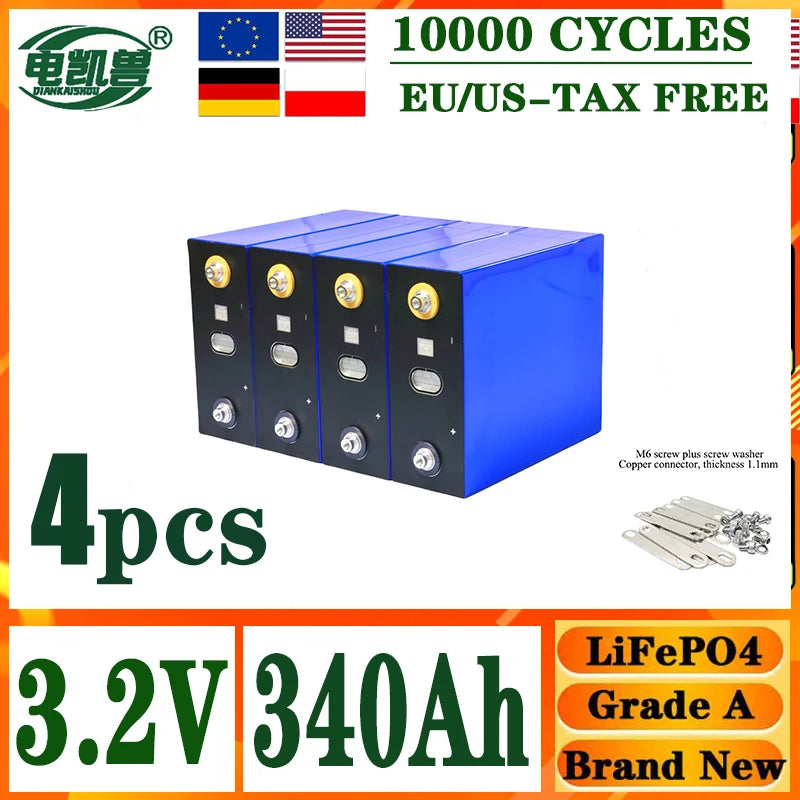 DIANKAISHOU  A-grade 3.2V 340AH 10000 cycles Lifepo4 rechargeable battery DIY 12V 24V 48V electric boat solar system tax-free
