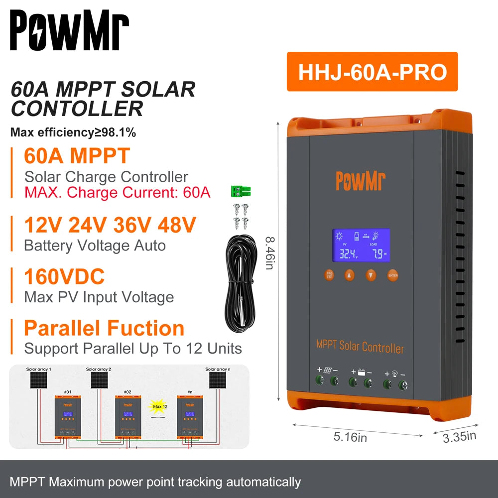 PowMr 60A MPPT Solar Charge Controller 3 Stages Charging for 12V 24V 36V 48V Battery 160VDC Solar Panel Can Parallel 12 Units