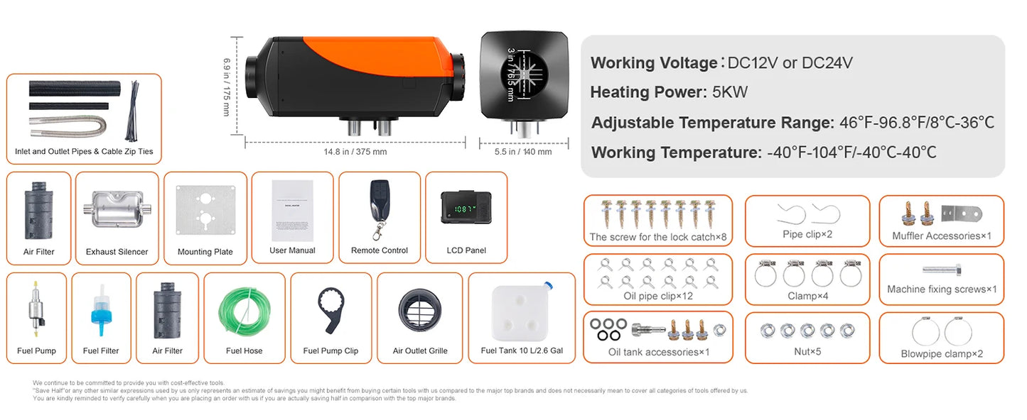 SucceBuy Diesel Heater 12V 2/5/8KW Diesel Heater with Remote Control Parking Heater Car Heater for RV Trailer Camper Van Boat