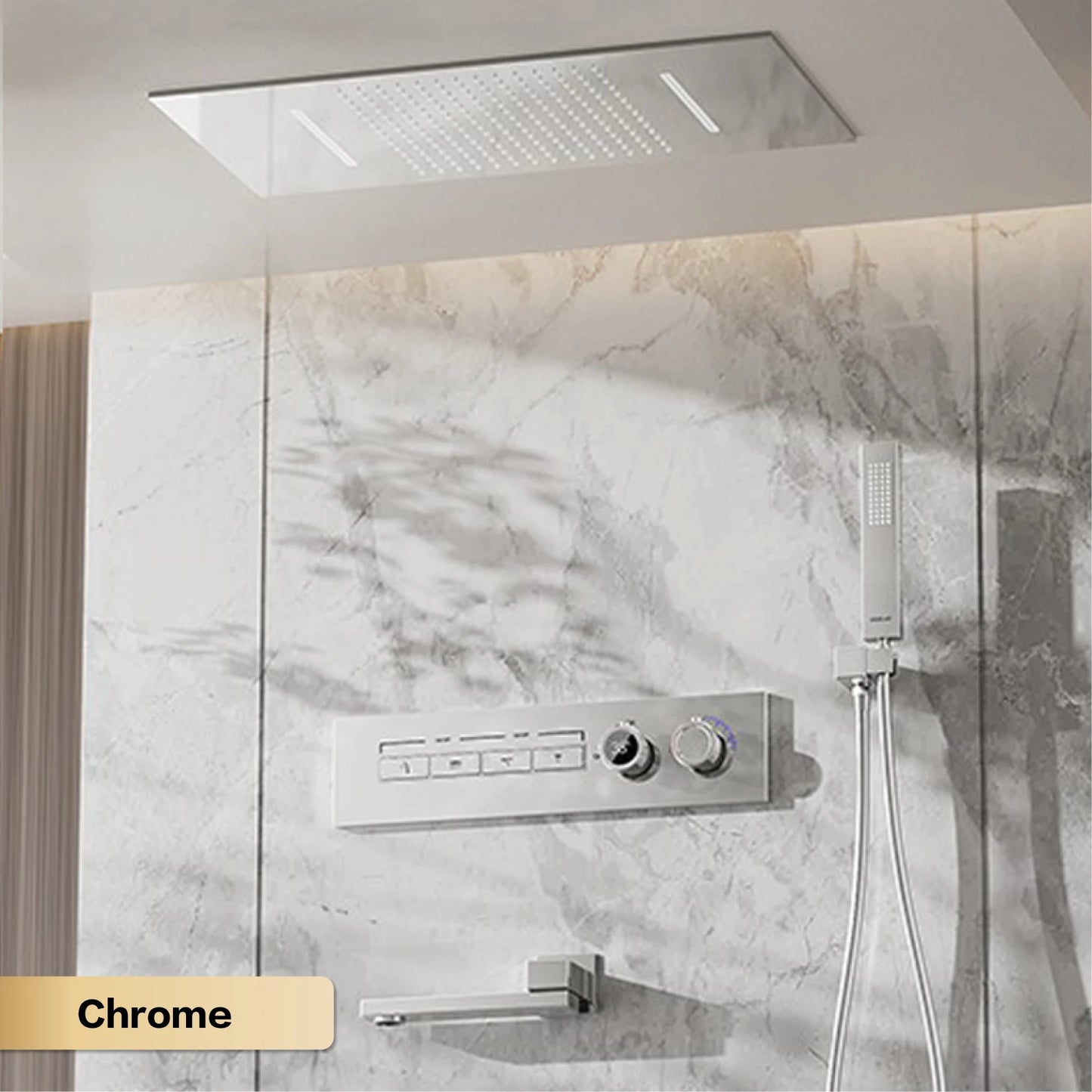 Modern brushed gold brass LED digital ceiling embedded shower system. Thermostatic 4-function waterfall/rain shower bathroom Tap