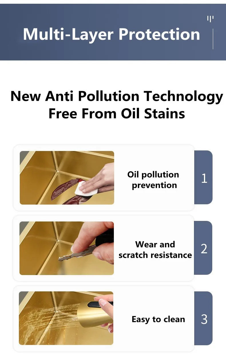 Waterfall Kitchen Sink Single Bowl Kitchen Sinks Gold 304 Stainless Steel Bar Sink With Pull-Faucet，Nano Home Sink  ﻿