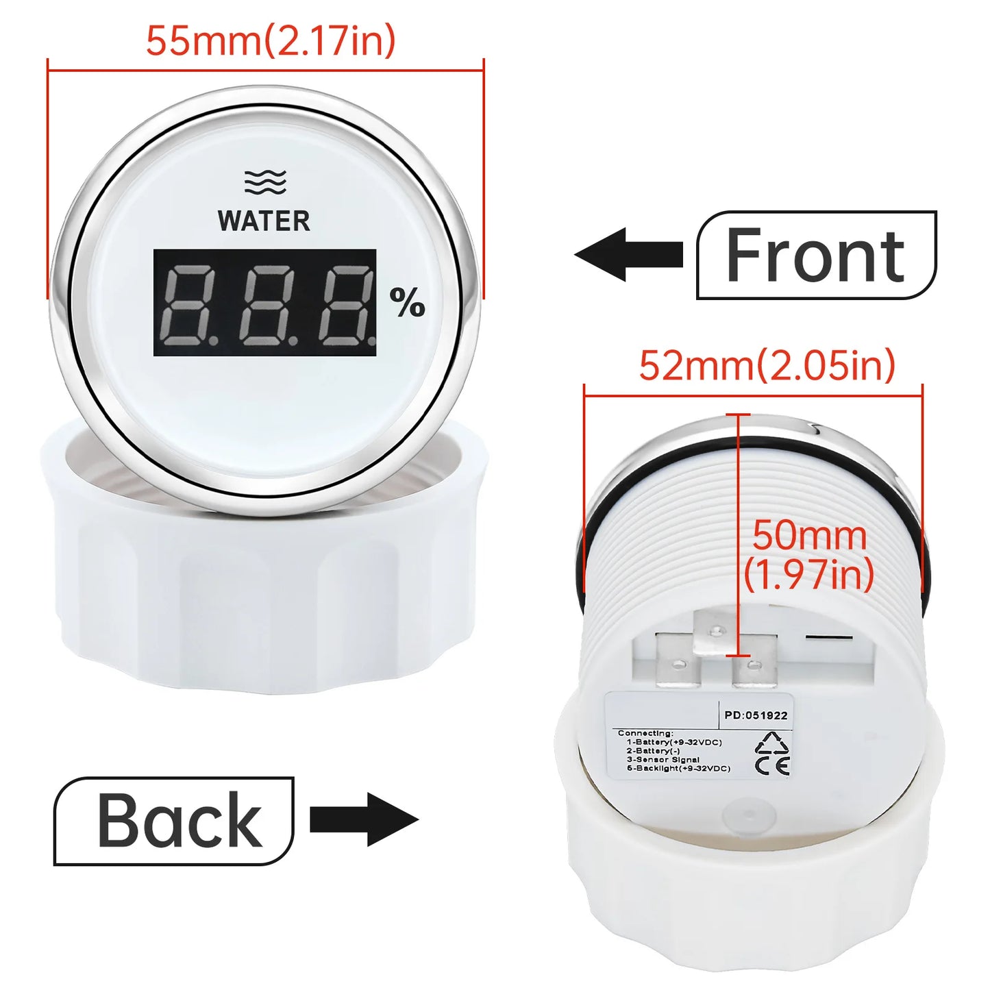 2"52mm Car Digital Gauge A5 Fuel Float Sensor 0~190ohm With Indicator Water Level Tank Meter Red Backlight for Yacht Marine Boat
