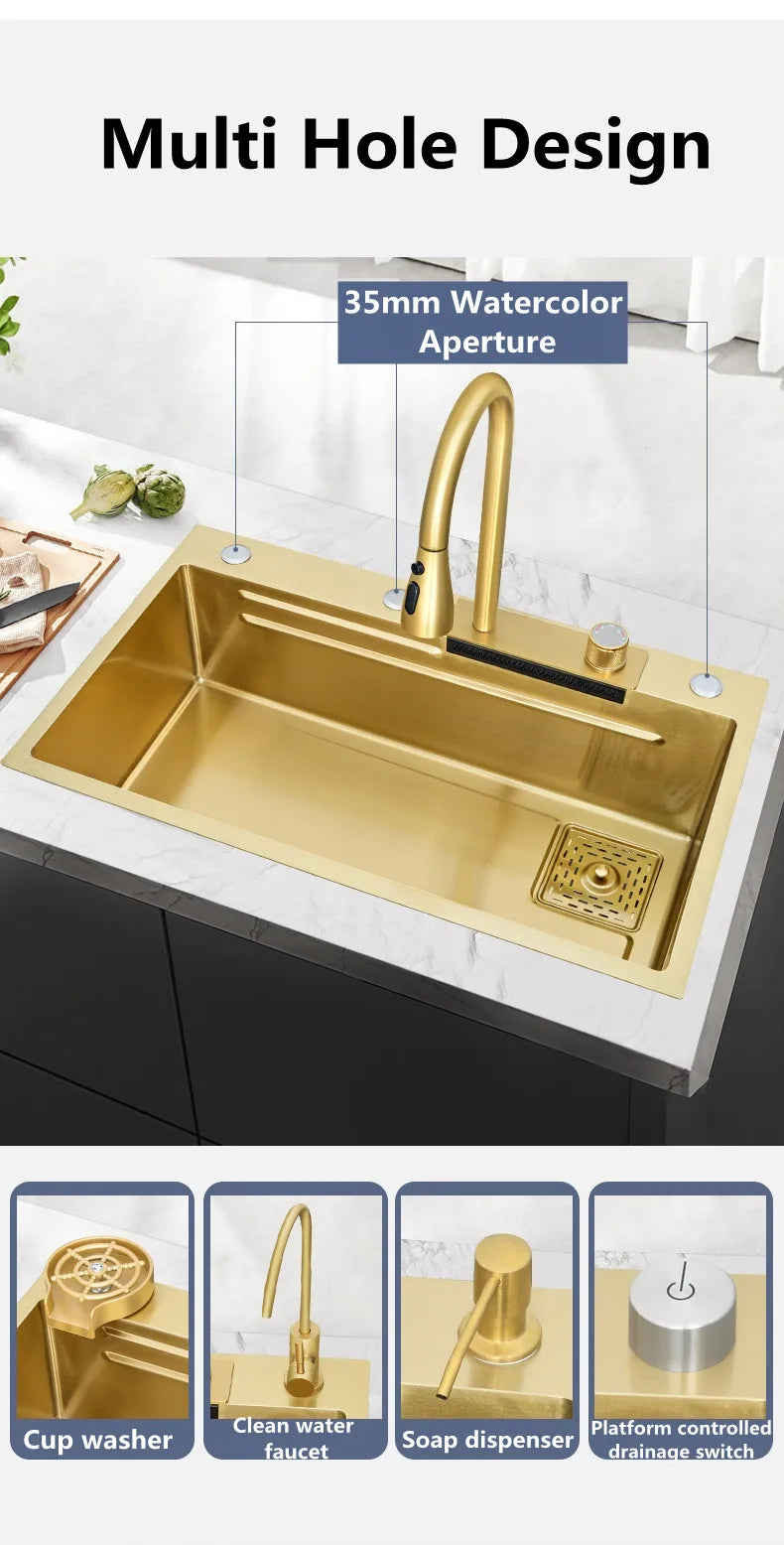 Waterfall Kitchen Sink Single Bowl Kitchen Sinks Gold 304 Stainless Steel Bar Sink With Pull-Faucet，Nano Home Sink  ﻿