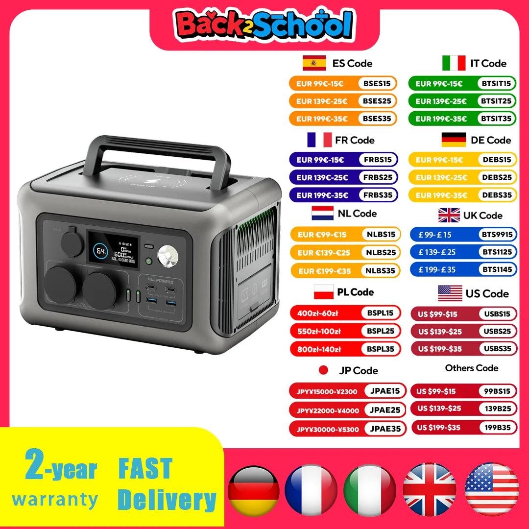 ALLPOWERS Portable Power Station R600, 299Wh LiFeP04 Battery with 2x 600W (1200W Surge) AC Outlets for Outdoor Camping RV Home