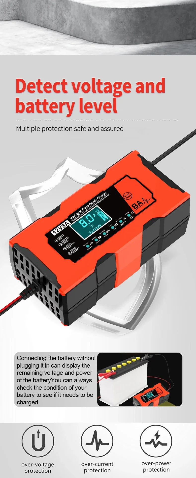 Smart 12V 8A Car Battery Charger Pulse Repair Quick Charge for Auto Moto AGM GEL WET Lead Acid LiFePO4 Battery Charging