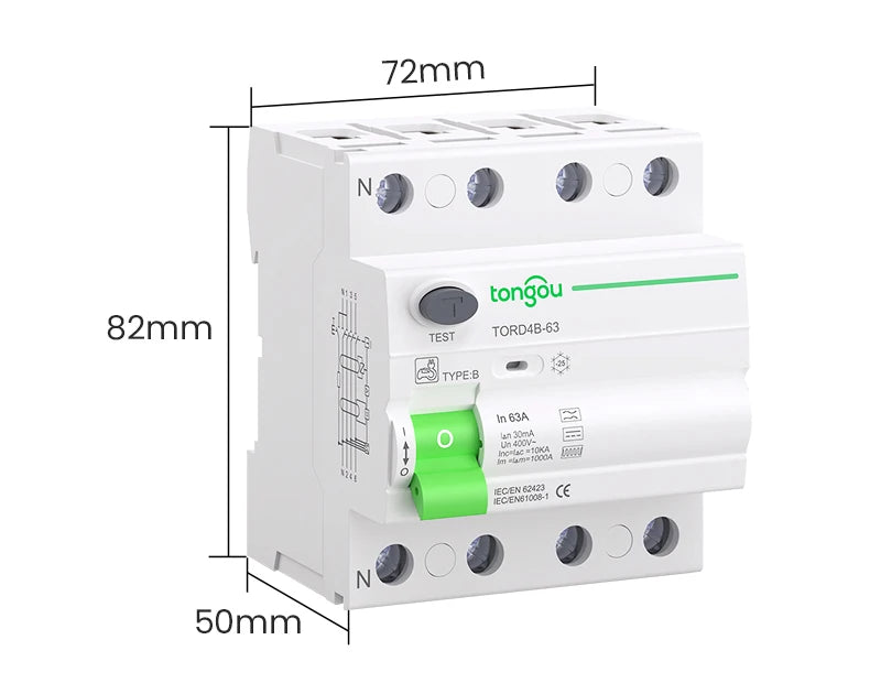 RCCB RCD DC Electric Vehicle EV Charging Pile Residual Current breaker  2P 63A 30mA Type B 10KA  Din Rail Earth Leakage TONGOU