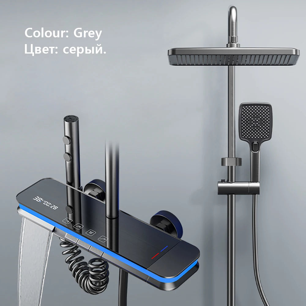 Bathroom Smart Shower System Set Temperature Digital Display LED Bathtub Rainfall Mixer Brass Shower Faucet Full Set with Lights