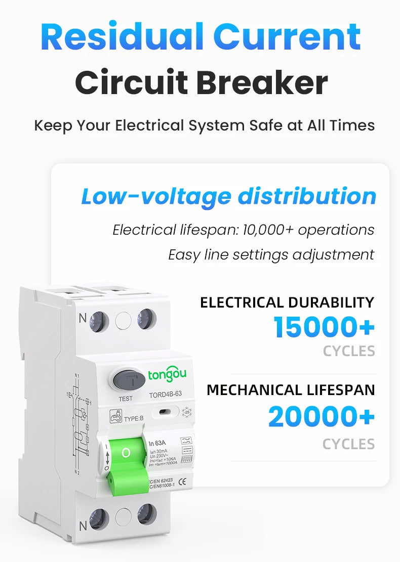 RCCB RCD DC Electric Vehicle EV Charging Pile Residual Current breaker  2P 63A 30mA Type B 10KA  Din Rail Earth Leakage TONGOU