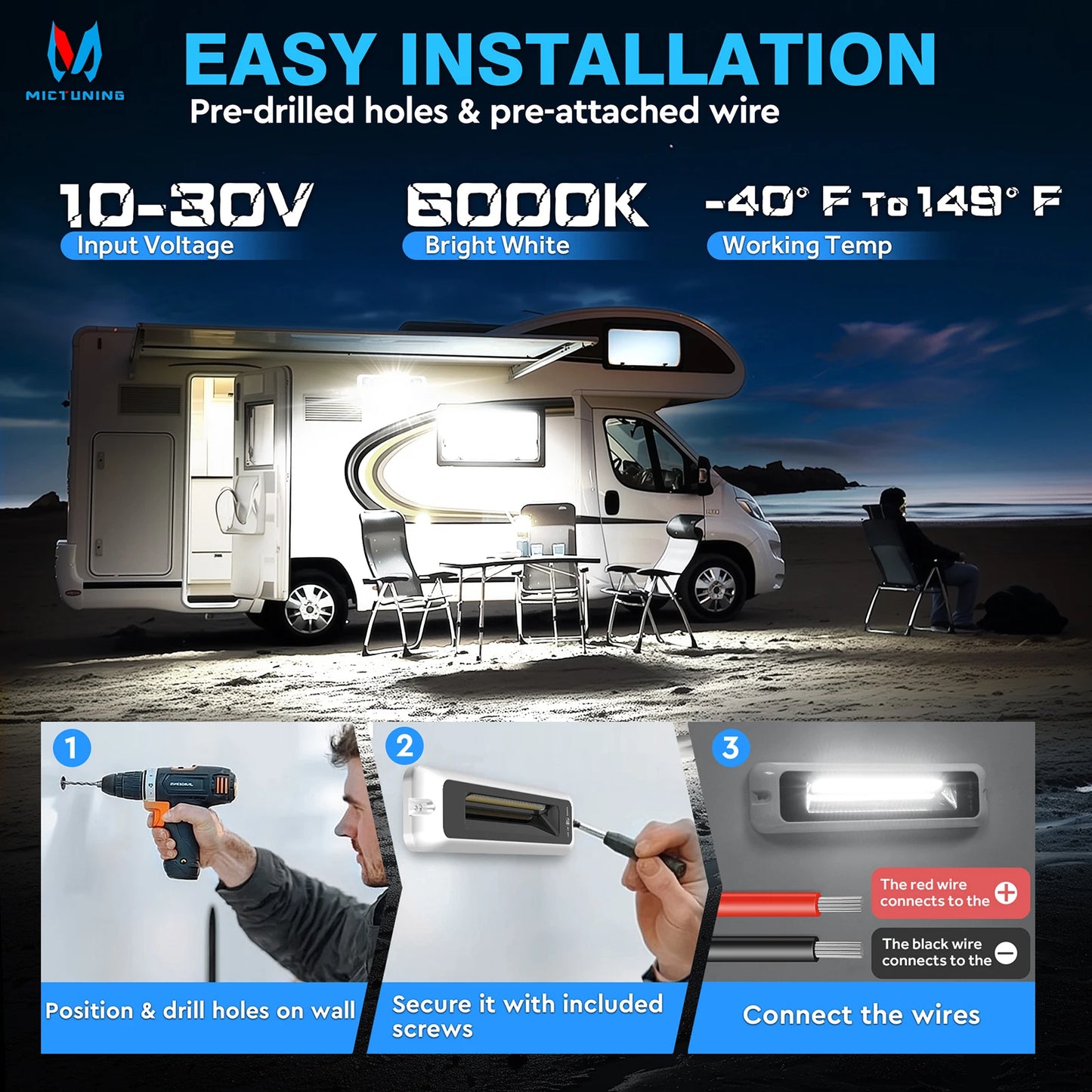 MICTUNING RV Exterior Porch Light Waterproof LED Utility Awning White 6000K Outdoor Lights For Caravan Camper Garden Trailer