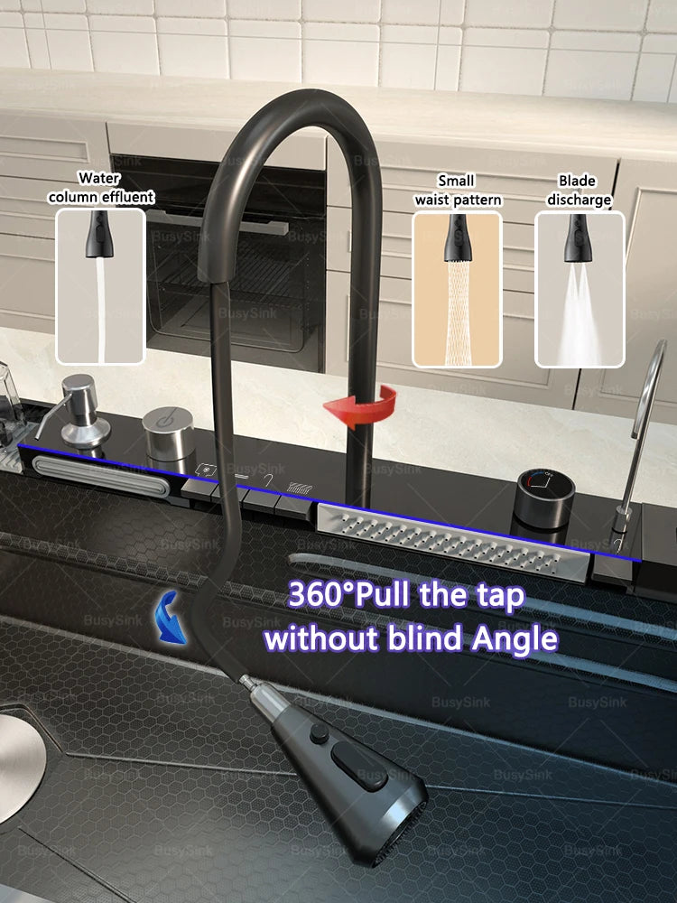 100x50cm Stainless Steel Waterfall Kitchen Sink With Knife Holder Digital Display Faucet Set Embossed Extra Large Single Slot