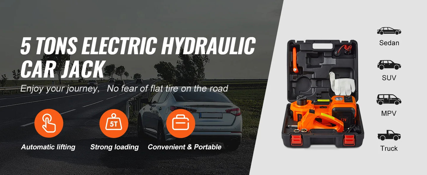 SucceBuy 5T Electric Car Jack Hydraulic Jack with Electric Impact Wrench Built-in Inflatable Pump, LED Light for SUV Sedan Truck