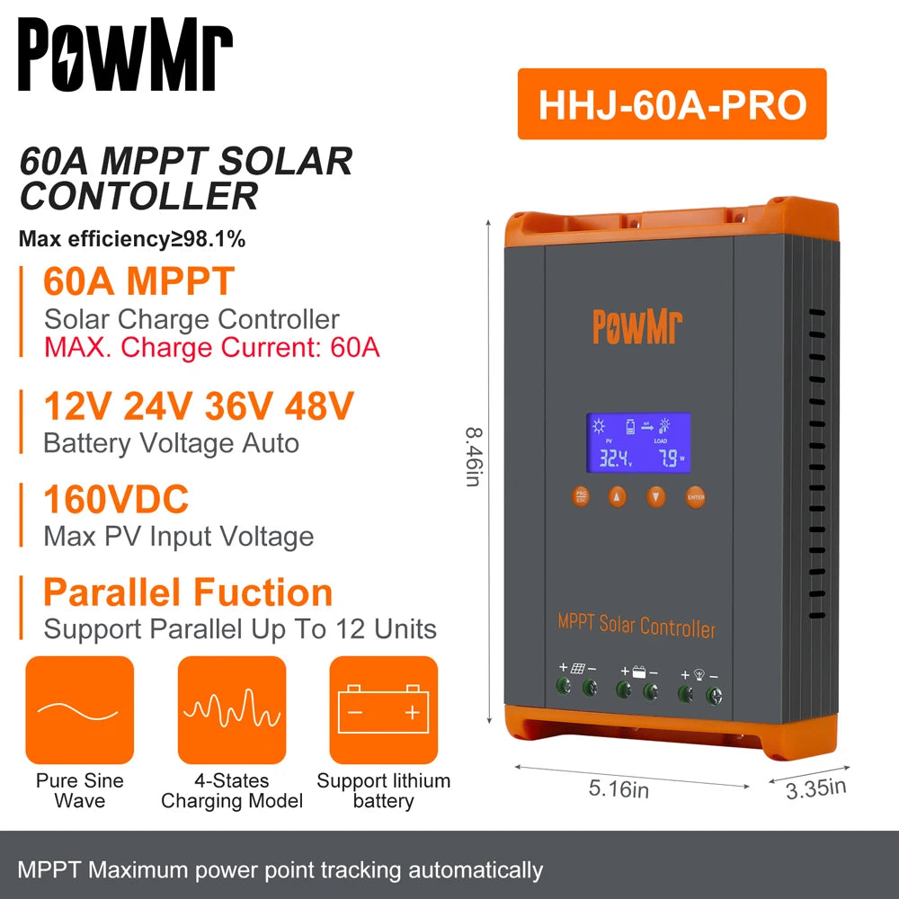 PowMr 60A MPPT Solar Charge Controller 3 Stages Charging for 12V 24V 36V 48V Battery 160VDC Solar Panel Can Parallel 12 Units