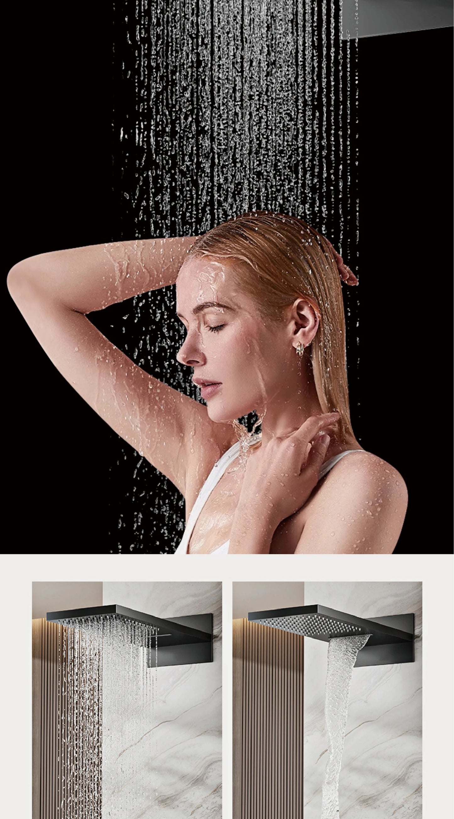 Modern brushed gold brass LED digital ceiling embedded shower system. Thermostatic 4-function waterfall/rain shower bathroom Tap