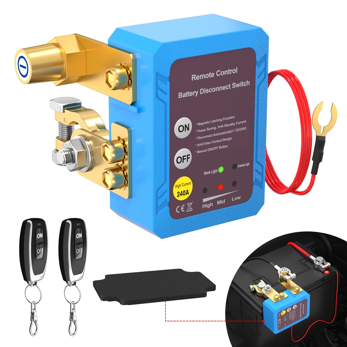 Remote Battery Disconnect Switch 12V 240A Kill Switch Automatic Power Shut Off Switch for Car Auto ATV Truck (Side Installation)