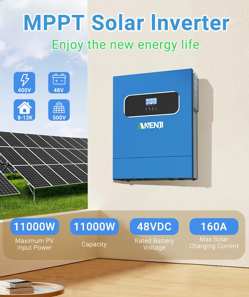 Hybrid Solar Inverter 11KW 6.2KW 4.2KW 2KW MPPT Pure Sine Inverter 48V 24V 12V Built-in 160A 120A 100A  Solar Charger PV 500VDC