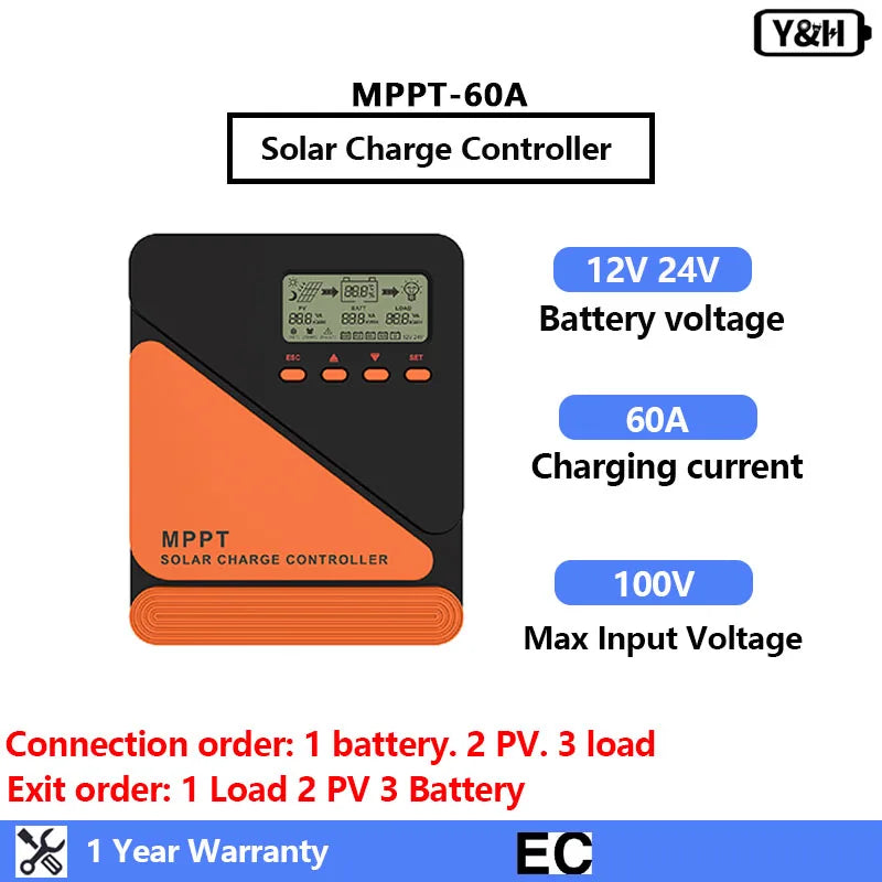 Y&H MPPT Solar Charge Controller 20A 40A 60A 12V 24V for GEL SLD FLD LI Battery Voltage Regulator MAX PV Input 50 ro 100V