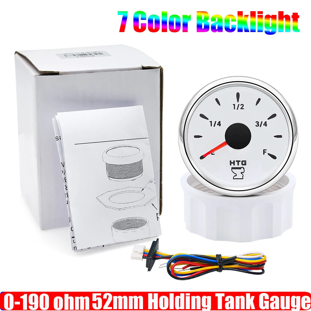 2" 52mm Waste Level Gauge 7 Color LED Holding Tank Gauge 0-190ohm HTG Sewage Level Sensor Steel 100-600mm for Car Boat Custom