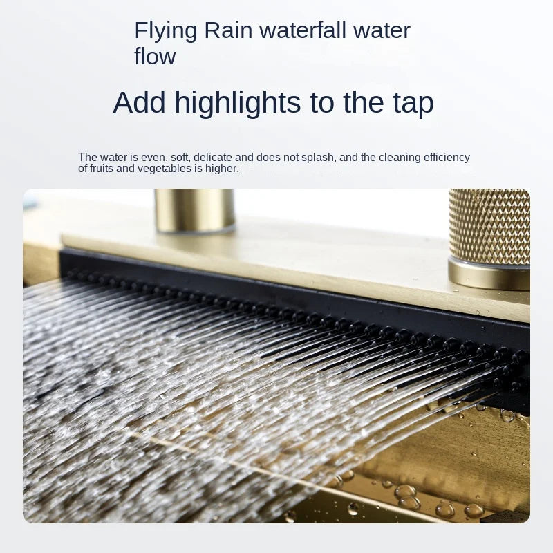 Waterfall Kitchen Sink Single Bowl Kitchen Sinks Gold 304 Stainless Steel Bar Sink With Pull-Faucet，Nano Home Sink  ﻿