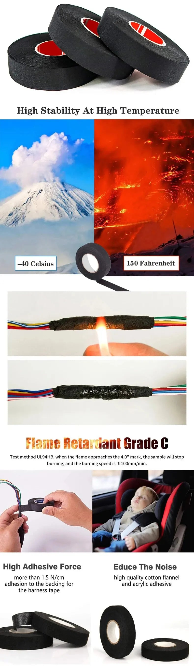 15 Meter Heat-resistant Flame Retardant Tape Coroplast Adhesive Cloth Tape For Car Cable Harness Wiring Loom Protection