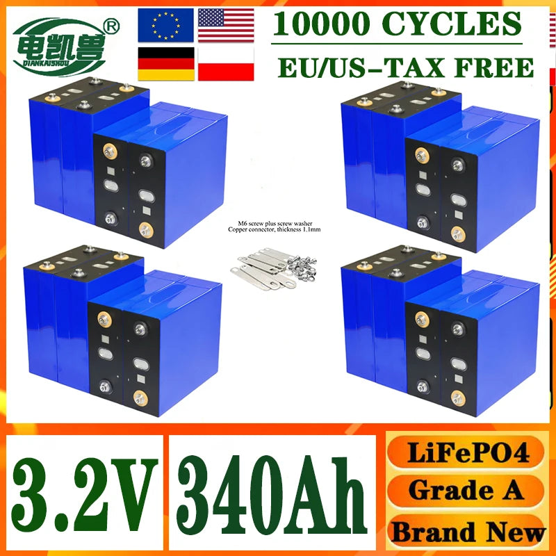 DIANKAISHOU  A-grade 3.2V 340AH 10000 cycles Lifepo4 rechargeable battery DIY 12V 24V 48V electric boat solar system tax-free
