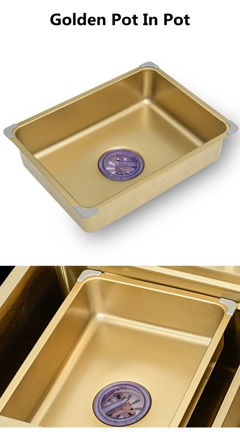 Waterfall Kitchen Sink Single Bowl Kitchen Sinks Gold 304 Stainless Steel Bar Sink With Pull-Faucet，Nano Home Sink  ﻿