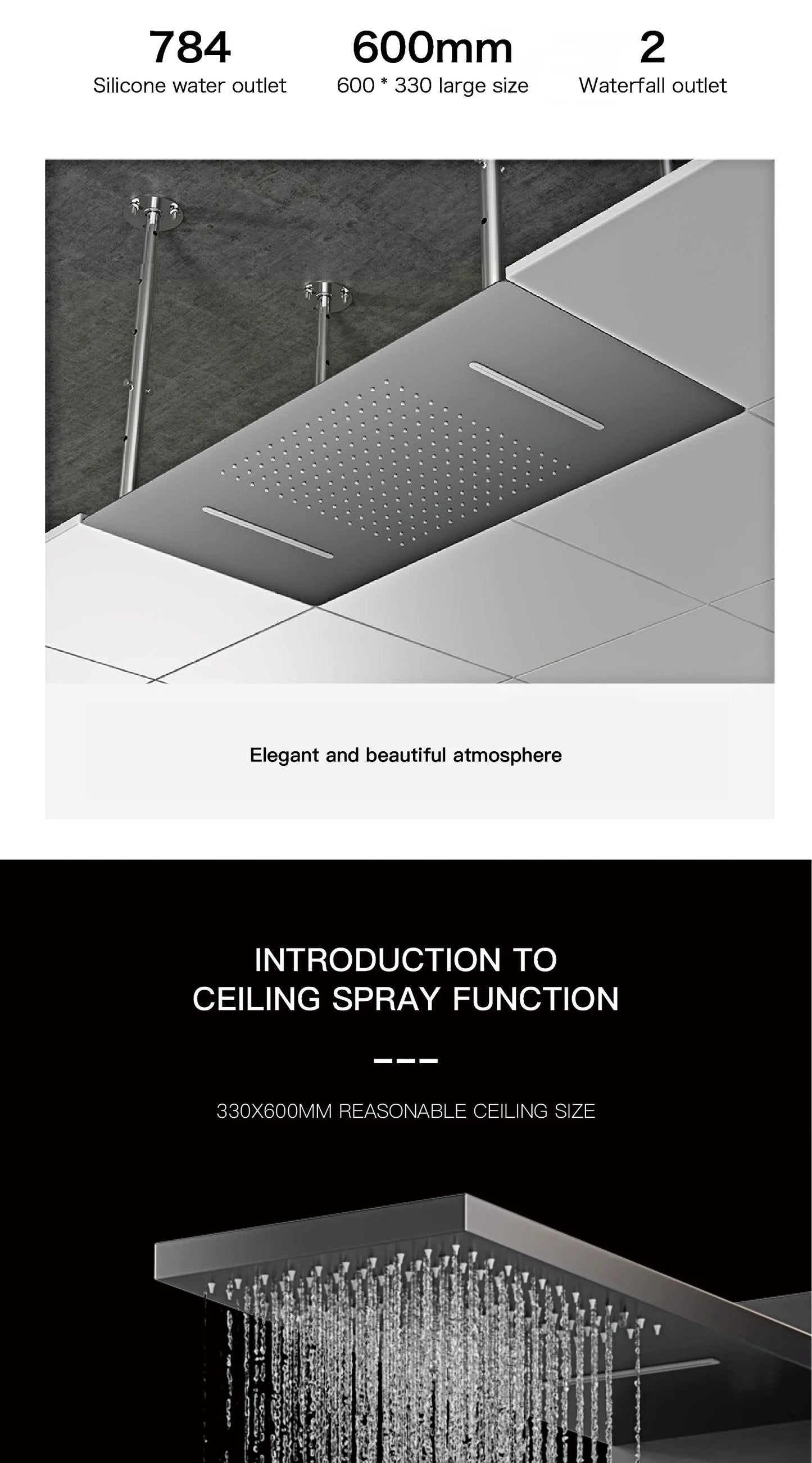 Modern brushed gold brass LED digital ceiling embedded shower system. Thermostatic 4-function waterfall/rain shower bathroom Tap