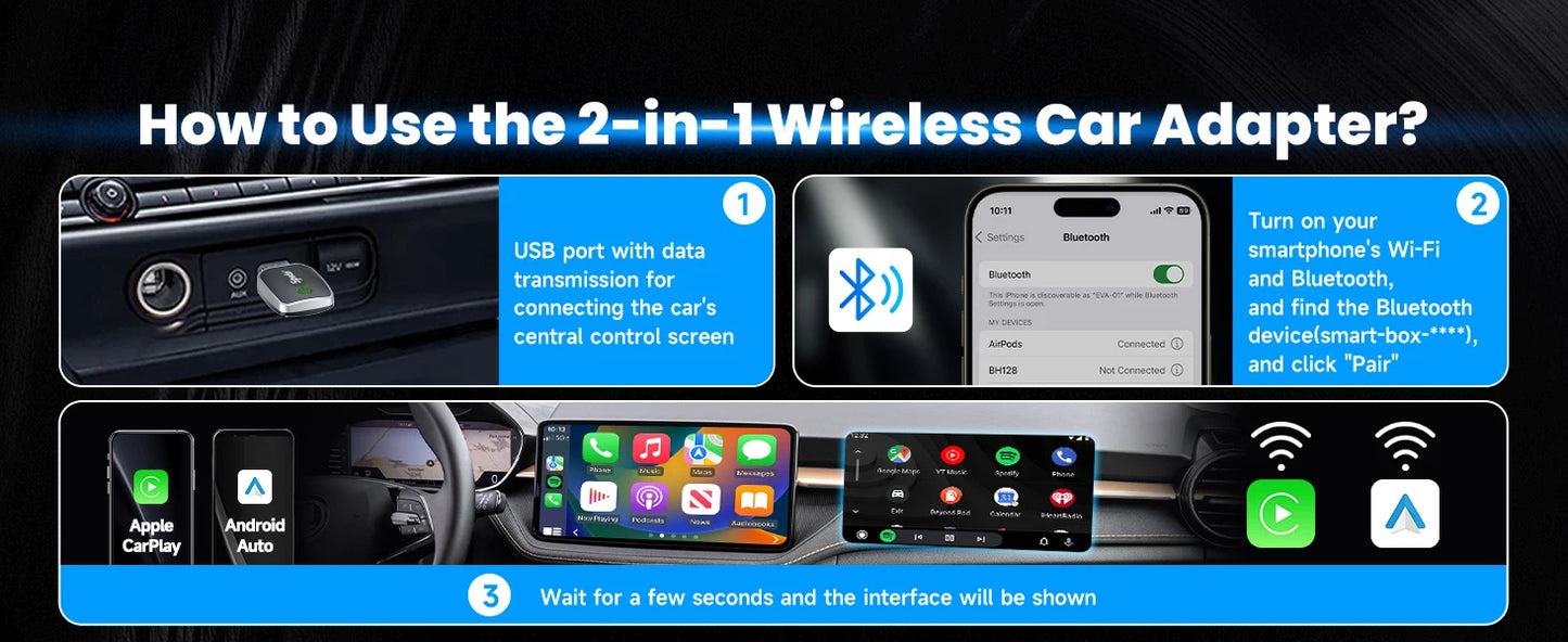 2-in-1 Wired to Wireless CarPlay Adapter & Android Auto Wireless Adapter Plug & Play