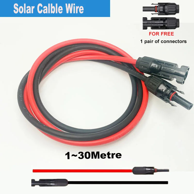 1Pair of Solar Extension Cables with Pair of Male and Female Connectors 10/12/14/16AWG Tinned Copper Solar Cables for PV Systems