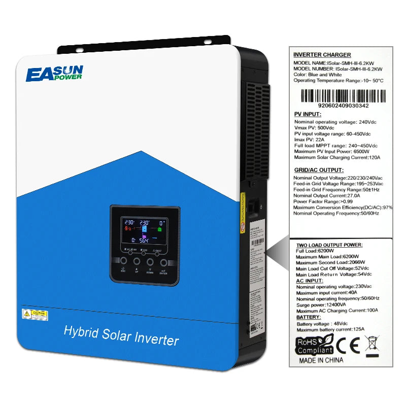 Easun 4.2KW 6.2KW solar inverter 24VDC 48vDC hybrid mppt 6200W pure sine wave hybrid charge controller 120A off grid On Grid New