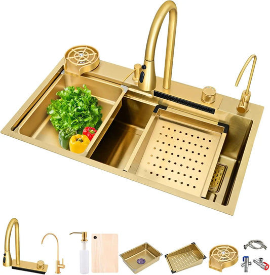 Waterfall Kitchen Sink Single Bowl Kitchen Sinks Gold 304 Stainless Steel Bar Sink With Pull-Faucet，Nano Home Sink  ﻿