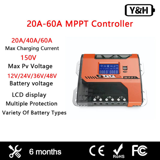 Y&H MPPT 20A 40A 60A Solar Charger Controller 12V 24V 36V 48V Battery Regulator Max PV Input 150VDC For AGM, Gel, Flooded and Li
