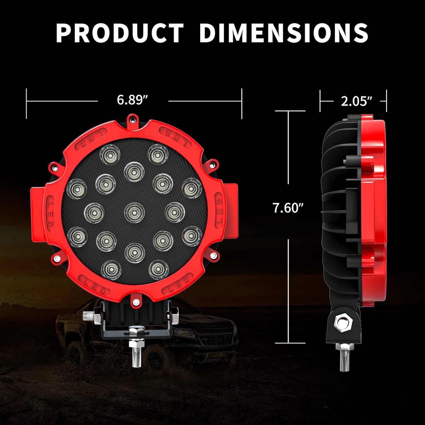 2PCS 7 Inch 51W Round LED Offroad Lights, 5100LM Spot Driving Light Pod Bumper Roof Fog Light Fit for Boat, Jeep, ATV, SUV