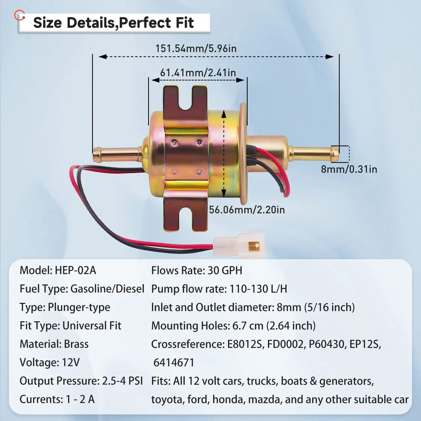12V/24V Universal Electric Fuel Pump Low Pressure Bolt Fixing Wire Diesel Petrol HEP-02A For Car Carburetor Motorcycle ATV