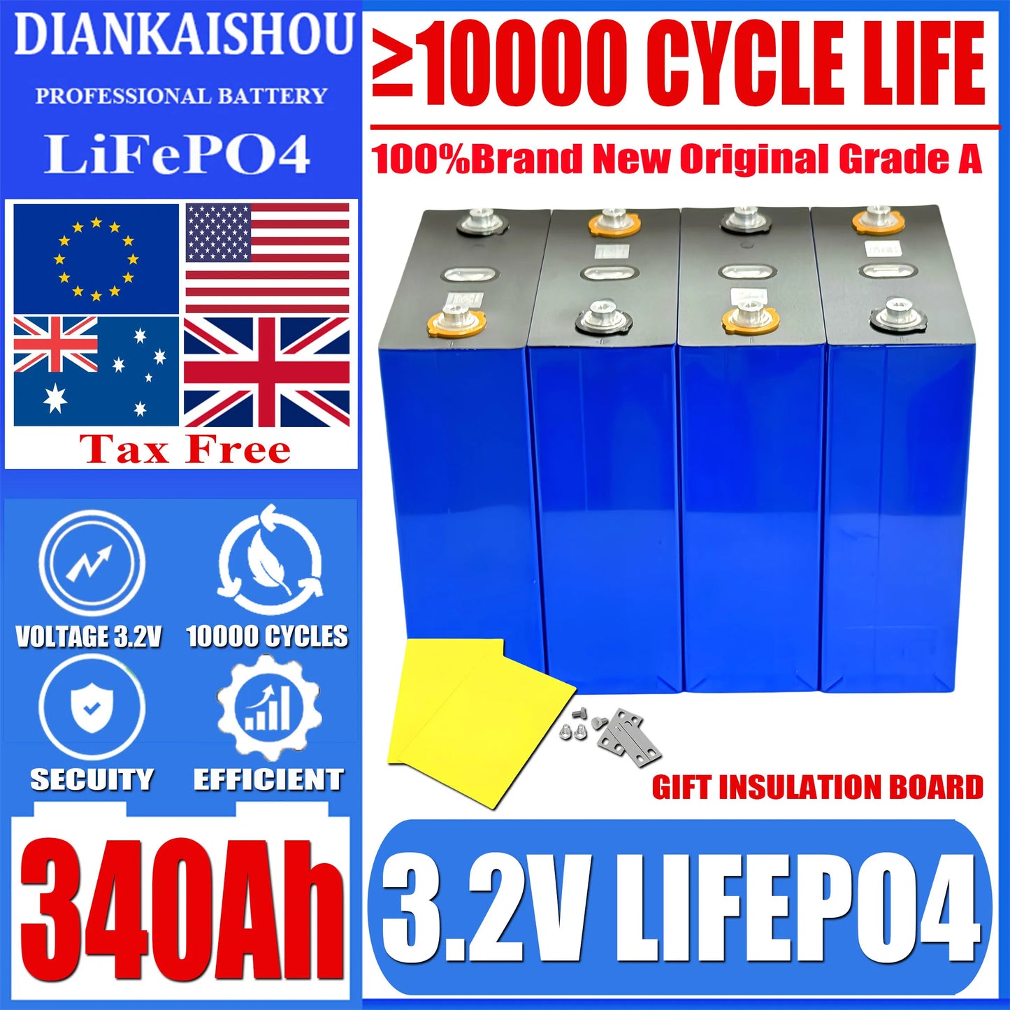 10000 Cycles 3.2V 320Ah 340AH Lifepo4 Rechargeable Battery Grade A DIY12V 24V 48V RV EV Boat Golf solar energy camping duty-free
