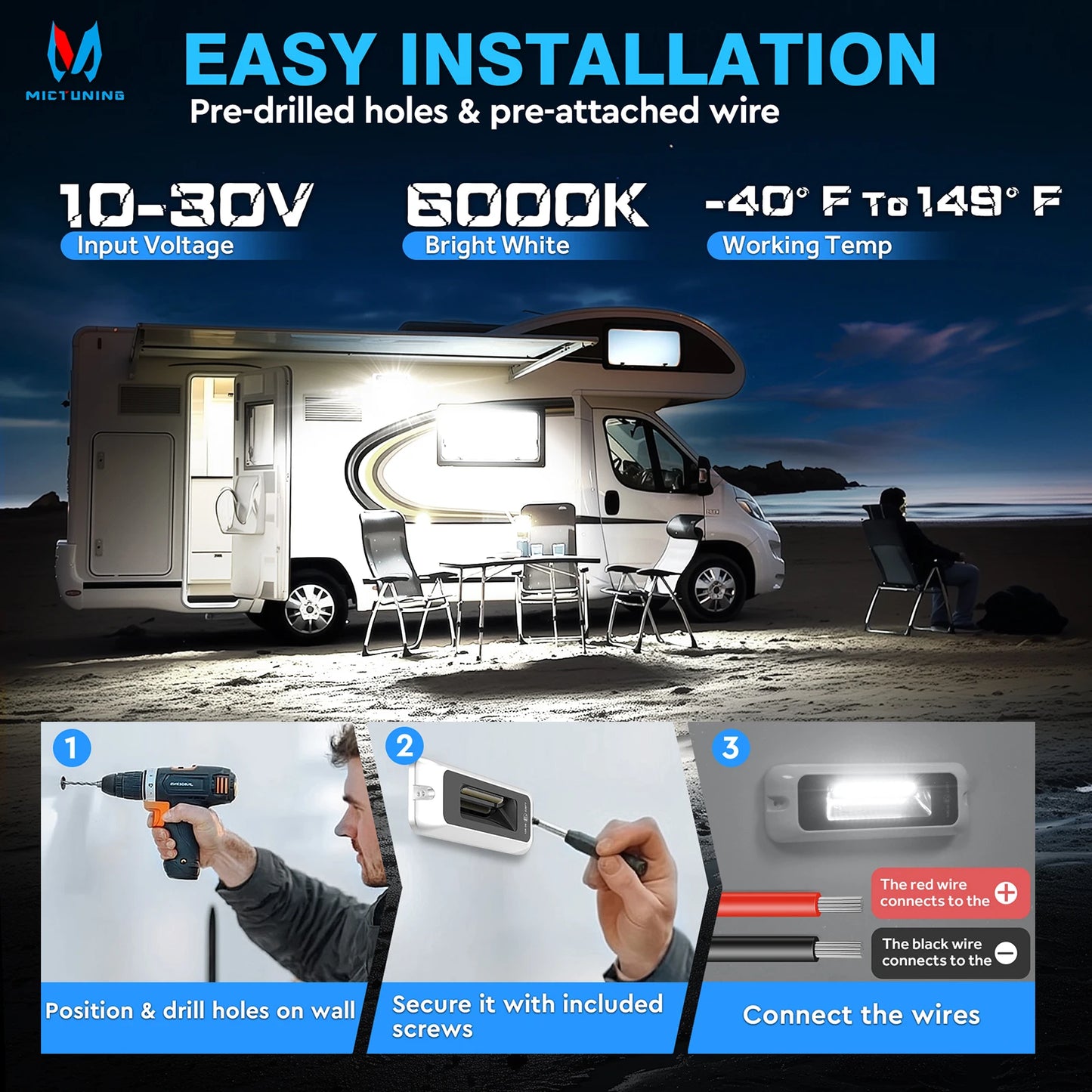 MICTUNING RV Exterior Porch Light Waterproof LED Utility Awning White 6000K Outdoor Lights For Caravan Camper Garden Trailer