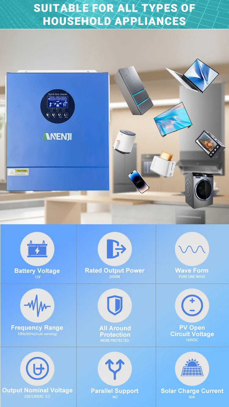 Hybrid Solar Inverter 11KW 6.2KW 4.2KW 2KW MPPT Pure Sine Inverter 48V 24V 12V Built-in 160A 120A 100A  Solar Charger PV 500VDC