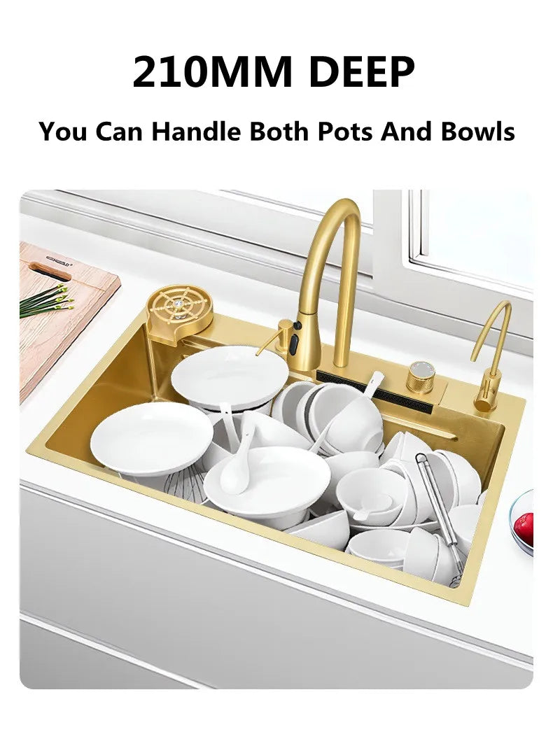 Waterfall Kitchen Sink Single Bowl Kitchen Sinks Gold 304 Stainless Steel Bar Sink With Pull-Faucet，Nano Home Sink  ﻿