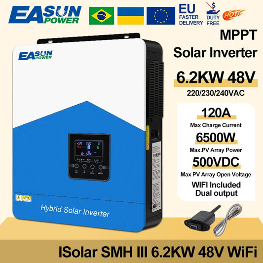 Easun 4.2KW 6.2KW solar inverter 24VDC 48vDC hybrid mppt 6200W pure sine wave hybrid charge controller 120A off grid On Grid New