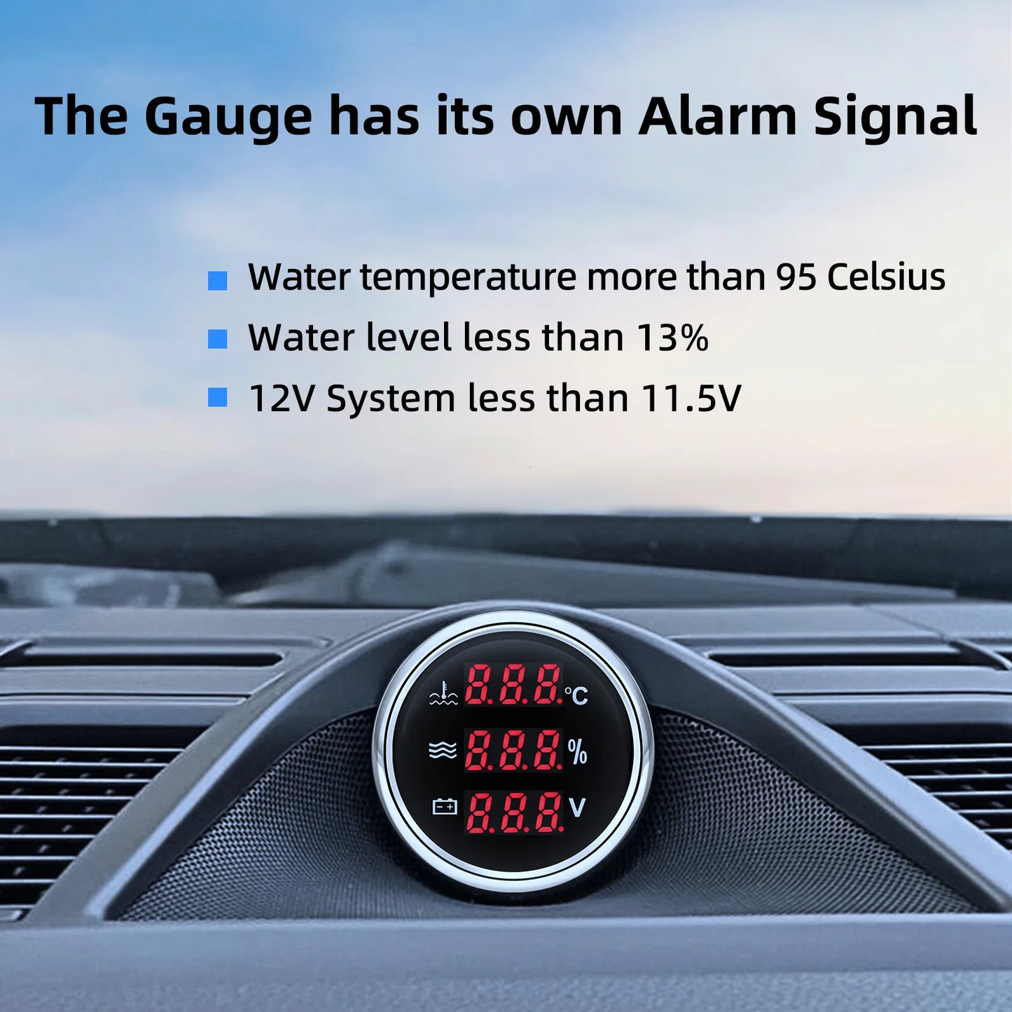 Red Backlight Digital 52mm Gauge Multifunctional Water Temp+Water Level+Voltage with Alarm Sensor for Car Boat Yacht DC12V 24V