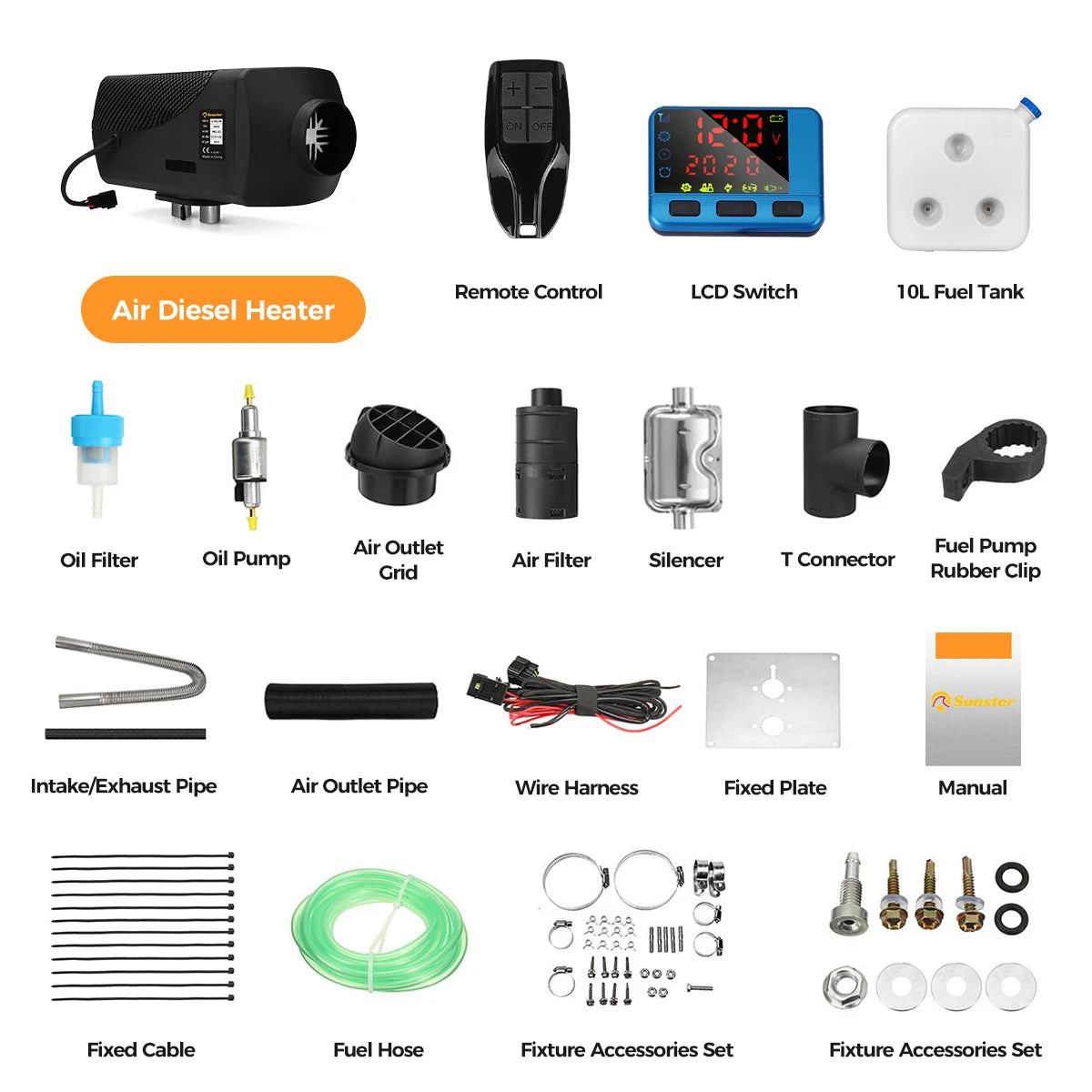 Sunster 8KW Air Diesel Heater 12V Diesel Parking Heater LCD Switch Diesel Heater Muffler for RV Motorhome Trailer Trucks Boats